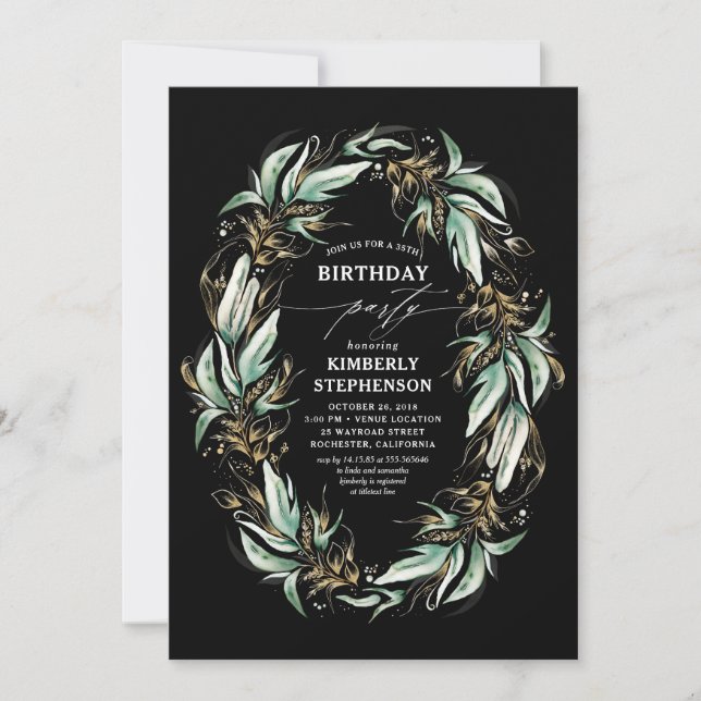 Greenery Wreath Elegant Modern Black Birthday Invitation (Front)