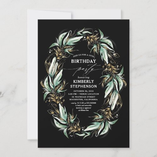 Greenery Wreath Elegant Modern Black Birthday Invitation