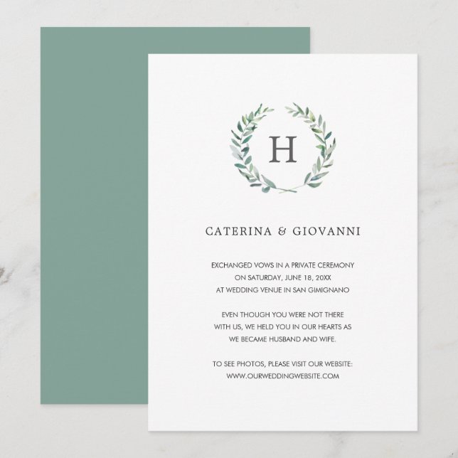 Greenery Wreath Elegant Monogram Elopement Wedding Announcement (Front/Back)
