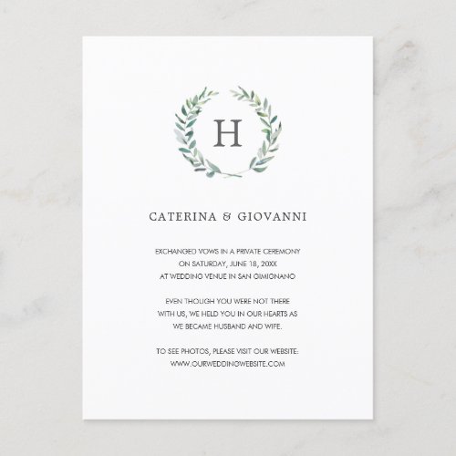 Greenery Wreath Elegant Monogram Elopement Wedding Announcement Postcard