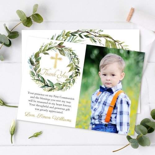 Greenery Wreath First Communion Thank you Card
