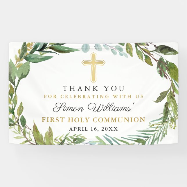 Greenery Wreath  First Holy Communion Thank You Banner (Horizontal)