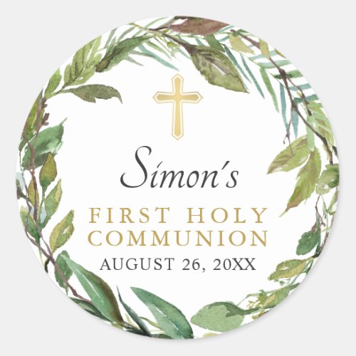 Greenery Wreath First Holy Communion Thank You Classic Round Sticker
