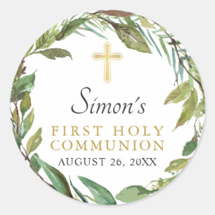 Greenery Wreath First Holy Communion Thank You Classic Round Sticker