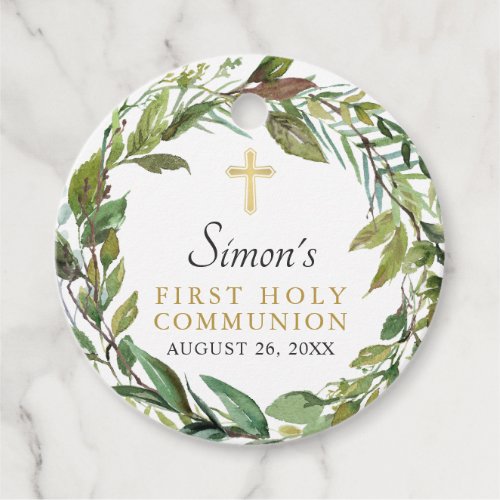 Greenery Wreath First Holy Communion Thank You Favor Tags