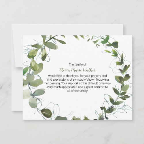 Greenery Wreath Funeral Script Thank You Note Card