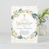 Greenery wreath + gold confetti medical graduation invitation (Standing Front)