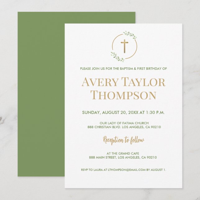 Greenery Wreath Gold Cross Baptism 1st Birthday  Invitation (Front/Back)