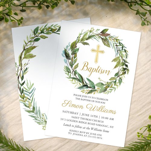 Greenery Wreath Gold Cross Boy Baptism Invitation