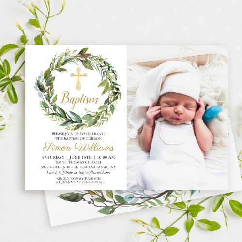 Greenery Wreath Gold Cross Boy Baptism Photo Invitation