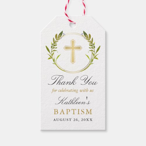 Greenery Wreath Gold Cross Girl Baptism Gift Tags