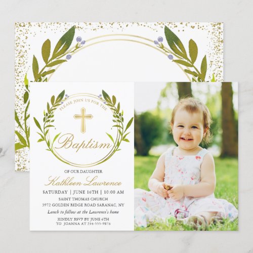 Greenery Wreath Gold Cross Girl Baptism Photo Invitation