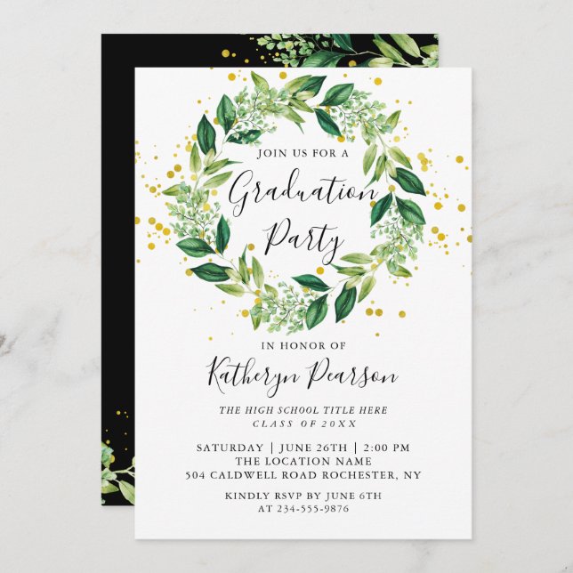 Greenery Wreath Gold Glitter Graduation Party Invitation (Front/Back)