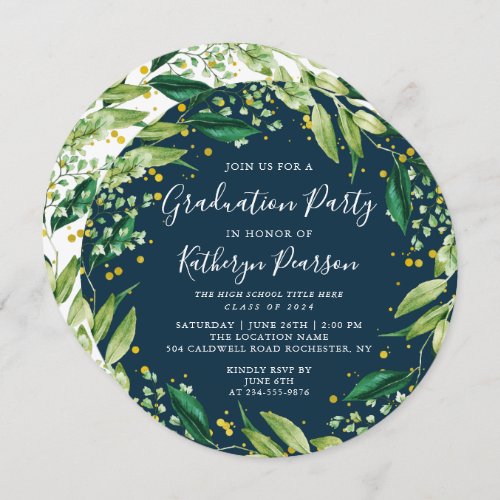 Greenery Wreath Gold Glitter Navy Blue Graduation  Invitation