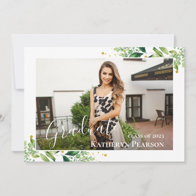 Greenery Wreath Gold Navy Blue 2 Photo Graduation  Invitation (Back)