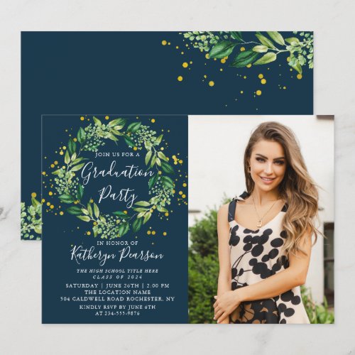 Greenery Wreath Gold Navy Blue Graduation Photo In