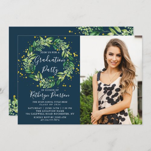 Greenery Wreath Gold Navy Blue Graduation Photo In Invitation