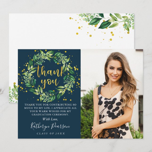Greenery Wreath Gold Navy Blue Graduation Photo Th Thank You Card (Front/Back)