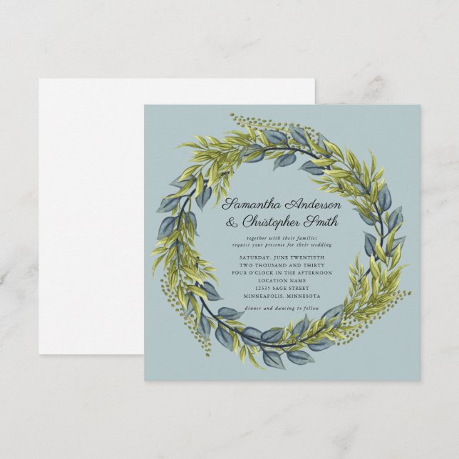 Greenery Wreath Green and Dark Teal Wedding Invitation (Front/Back)
