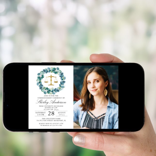 Greenery Wreath Law School Graduation Photo Invitation (Front Digital)