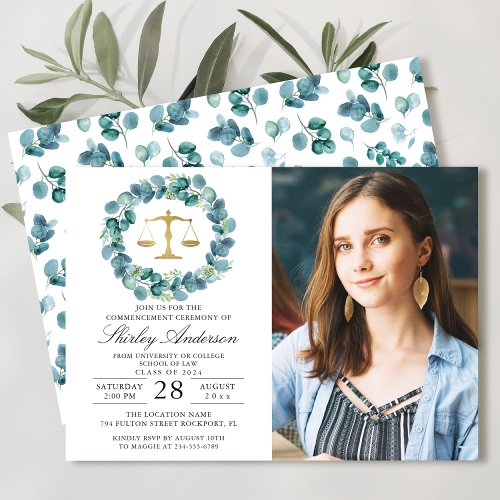 Greenery Wreath Law School Graduation Photo Invitation