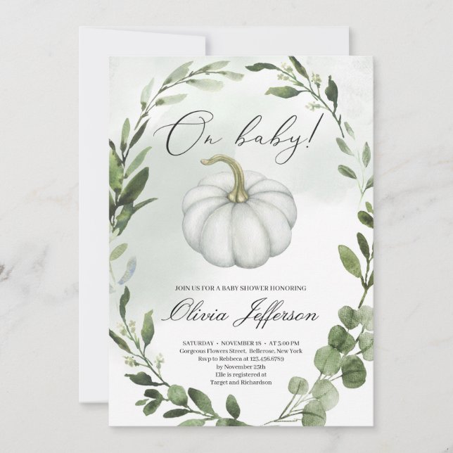 Greenery wreath little pumpkin fall baby shower invitation (Front)