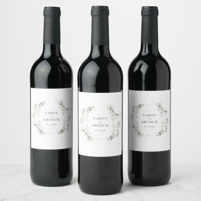 Greenery Wreath Modern Wedding Wine Label (Bottles)