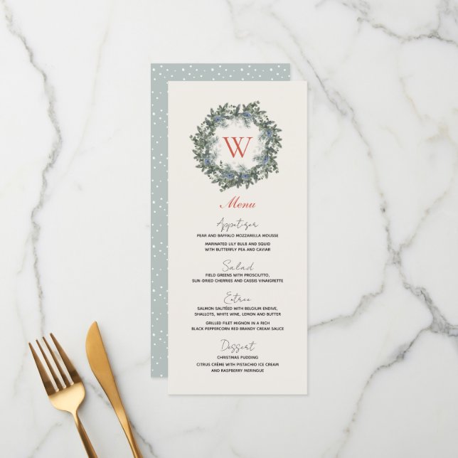 Greenery Wreath Monogram Christmas Holiday Dinner Menu (Front/Back In Situ)