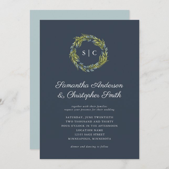 Greenery Wreath Monogram Dark Teal Blue Wedding Invitation (Front/Back)