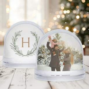 Greenery Wreath Monogram Family Photo Snow Globe