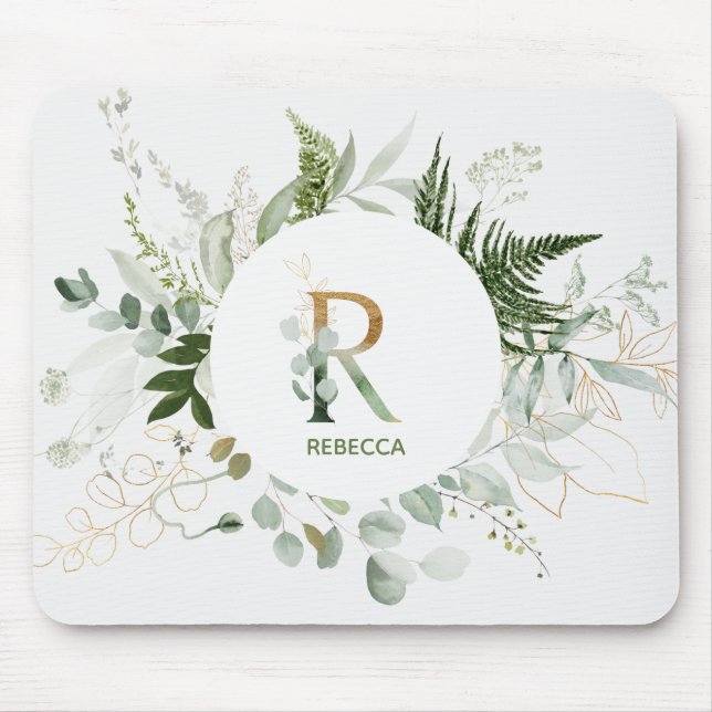 Greenery Wreath Monogram Letter R Mouse Pad (Front)
