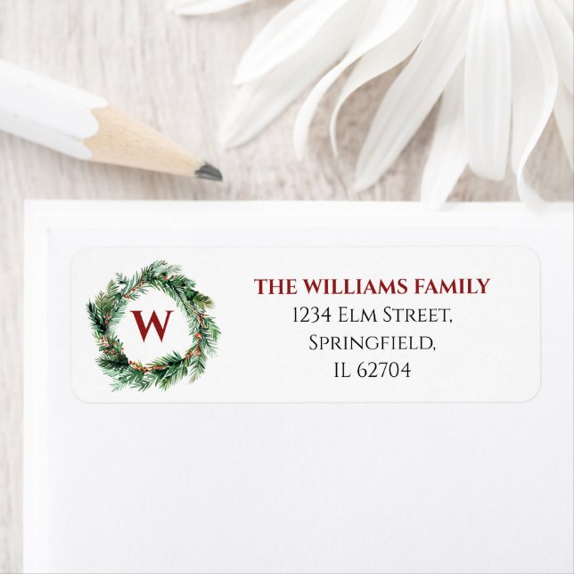  Greenery Wreath Monogram Return Address Label (Insitu)