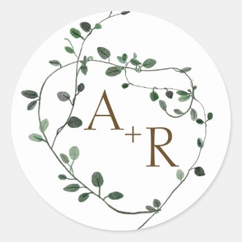 Greenery Wreath Monogram Wedding Classic Round Sticker by lemontreeweddings at Zazzle