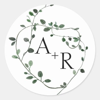 Greenery Wreath Monogram Wedding Classic Round Sticker by lemontreeweddings at Zazzle