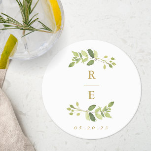Greenery Wreath Monogram Wedding Rehearsal Dinner Round Paper Coaster
