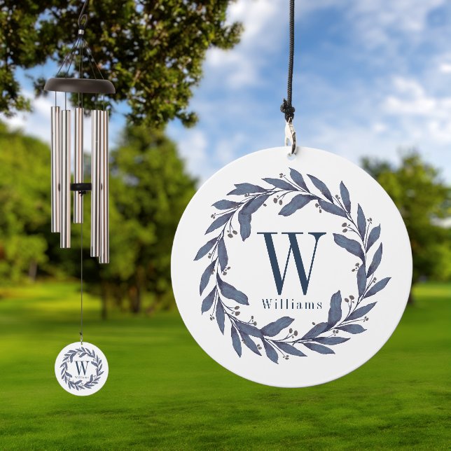Greenery Wreath Navy Blue Monogram Family Name Wind Chime (Outdoor)