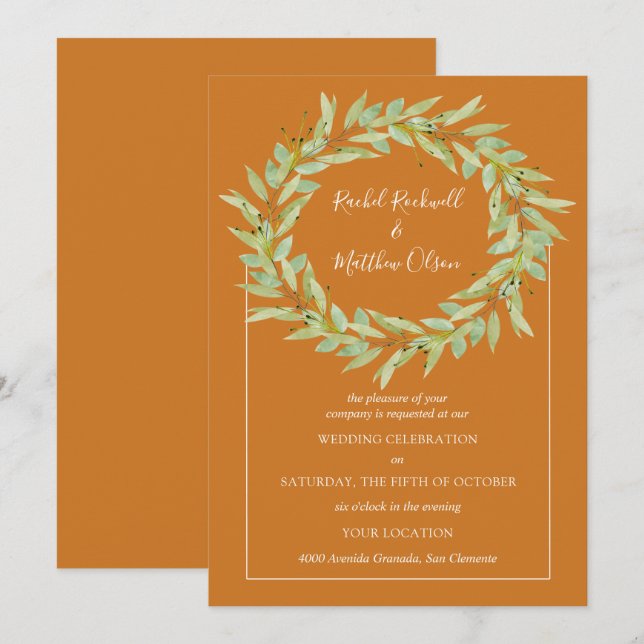 Greenery Wreath on Ochre Wedding Invitation (Front/Back)