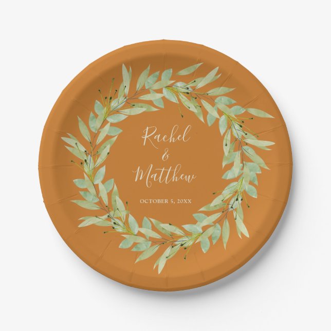 Greenery Wreath on Ochre Wedding Paper Plates (Front)