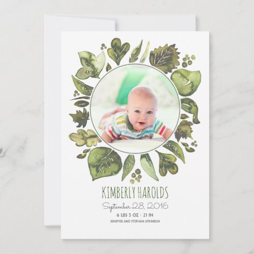 Greenery Wreath Painted Newborn Baby Photo Birth Announcement - Watercolor leaves greenery wreath whimsical and cute newborn baby photo birth announcement
