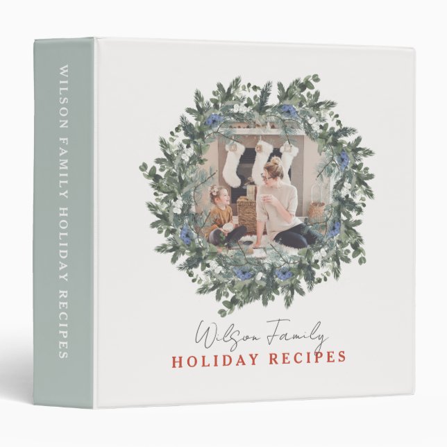Greenery Wreath Photo Holiday Recipe Binder Book (Front/Spine)