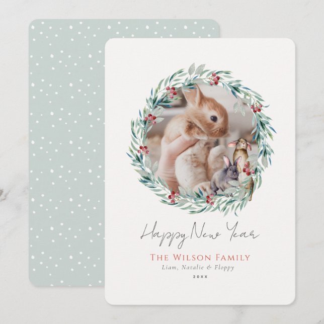 Greenery Wreath Photo New Year Holiday Card (Front/Back)