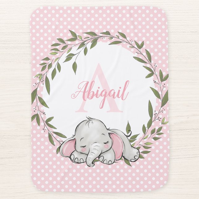 Greenery Wreath Pink Elephant Personalized Girl Baby Blanket (Creator Uploaded)