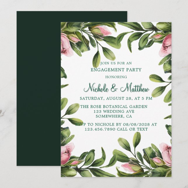 Greenery Wreath Pink Rose Bud Engagement Party Invitation (Front/Back)