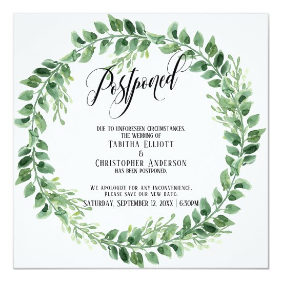Greenery Wreath Postponed Wedding Announcement
