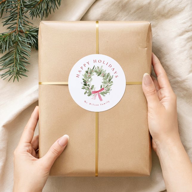 Greenery Wreath & Red Bow Holiday Classic Round Sticker (Creator Uploaded)