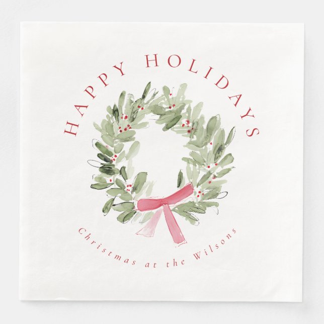 Greenery Wreath & Red Bow Holiday Paper Dinner Napkins (Front)