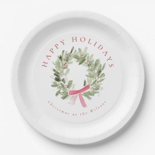 Greenery Wreath & Red Bow Holiday Paper Plates