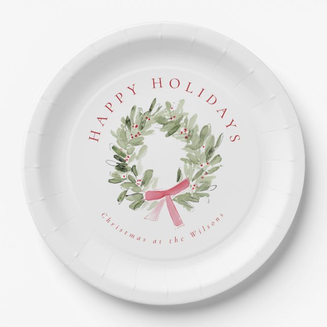 Greenery Wreath & Red Bow Holiday Paper Plates (Front)