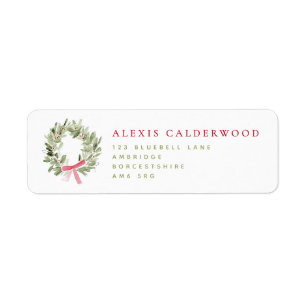 Greenery Wreath & Red Bow Holiday Return Address Label