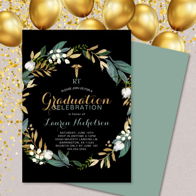 Greenery Wreath Respiratory Therapist Graduation Invitation (The designation initials can be changed!  RN, LPN, RT, Ph.D, etc.)